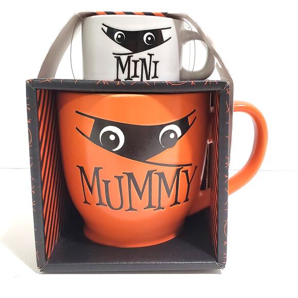 Halloween Mummy & Mini Mug Set Coffee Tea Cup Orange White Holiday Gift New - Picture 1 of 12